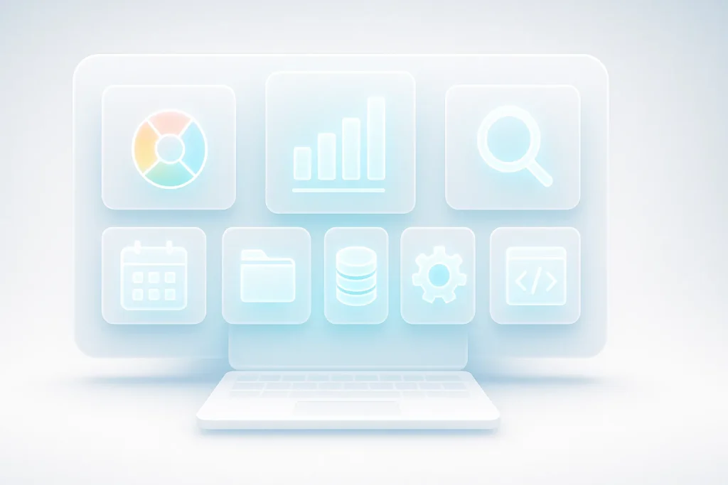 Futuristic digital dashboard showing icons for color, data, SEO, and developer tools in ESDSoftware’s all tools directory.