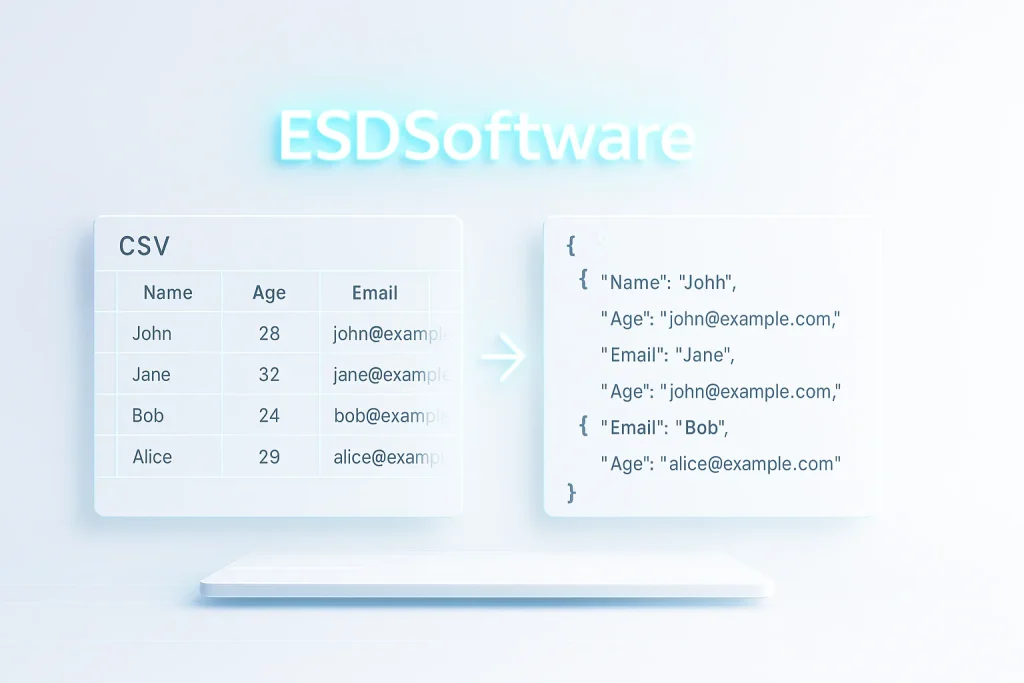 ESDSoftware CSV to JSON Converter interface showing structured CSV input transforming into formatted JSON output in a clean browser-based design.