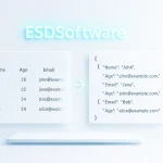 ESDSoftware CSV to JSON Converter interface showing structured CSV input transforming into formatted JSON output in a clean browser-based design.