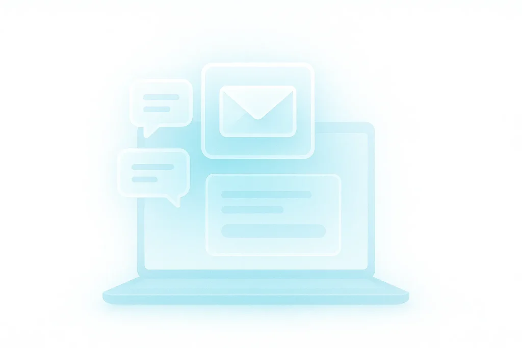 Futuristic digital contact scene with chat icons and holographic forms symbolizing communication and feedback at ESDSoftware.