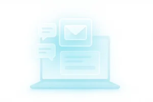 Futuristic digital contact scene with chat icons and holographic forms symbolizing communication and feedback at ESDSoftware.