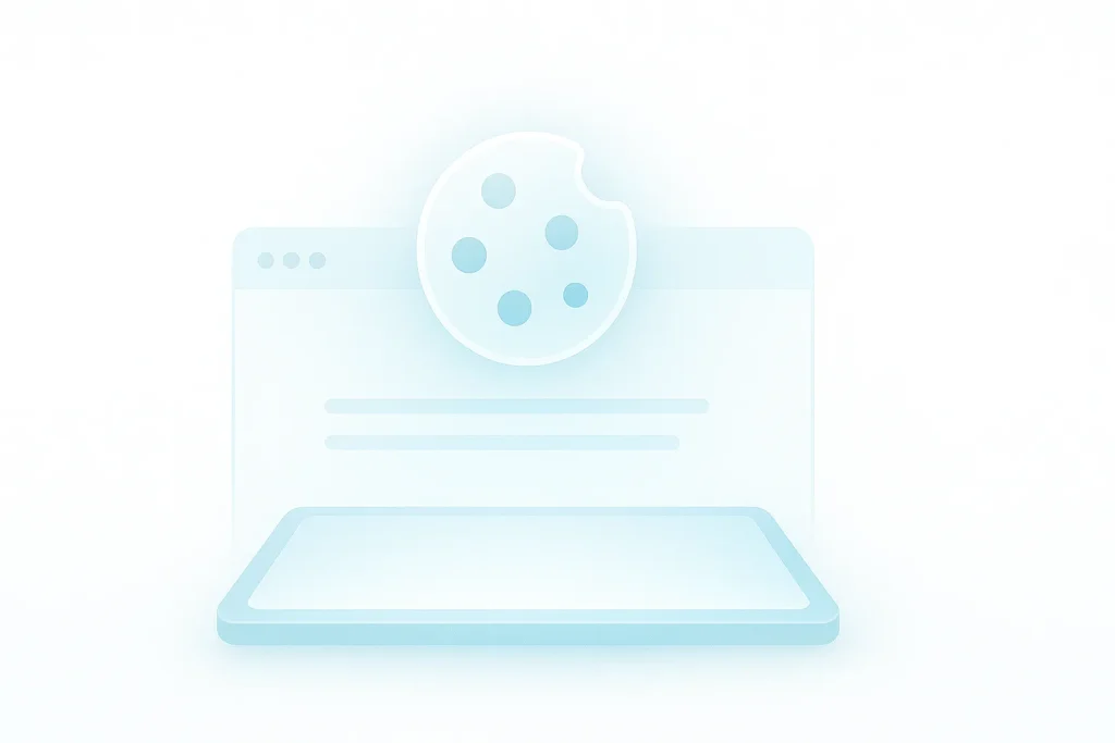 Transparent cookie icon hovering over a glowing browser window, symbolizing ESDSoftware’s privacy and transparency policy.