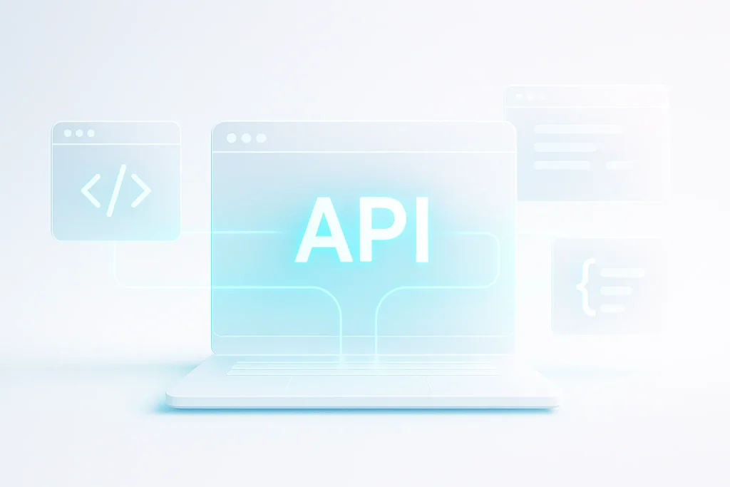 Futuristic workspace showing glowing API symbols and connected browser windows representing ESDSoftware’s upcoming developer integration tools.