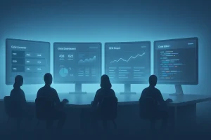 ESDSoftware team collaborating in a futuristic digital workspace with glowing holographic tool interfaces.