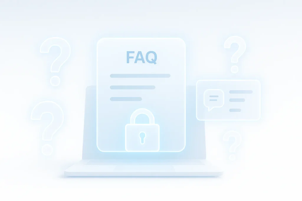 Futuristic help center interface with glowing FAQ icons symbolizing support and transparency at ESDSoftware.