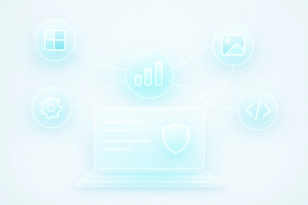 Futuristic digital workspace showing interconnected tool icons representing ESDSoftware’s fast and privacy-first online utilities.
