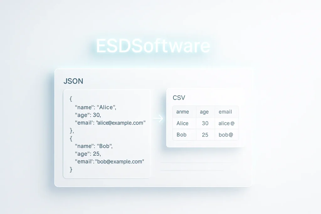 ESDSoftware JSON to CSV Converter interface displaying JSON input and CSV output in a fast, browser-based design.