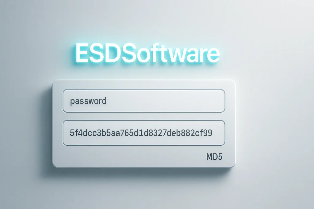 ESDSoftware MD5 Generator interface displaying text input and MD5 hash output in a secure, browser-based environment.