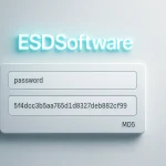 ESDSoftware MD5 Generator interface displaying text input and MD5 hash output in a secure, browser-based environment.