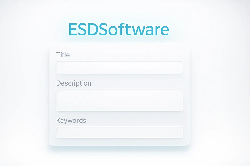 ESDSoftware Meta Tag Generator interface showing SEO title, description, and keyword fields in a clean browser-based design.