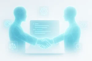 Futuristic digital handshake symbolizing partnership, trust, and collaboration within the ESDSoftware ecosystem.
