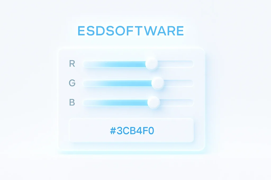 ESDSoftware RGB to HEX Converter interface showing RGB sliders and HEX color result in a clean browser-based design.