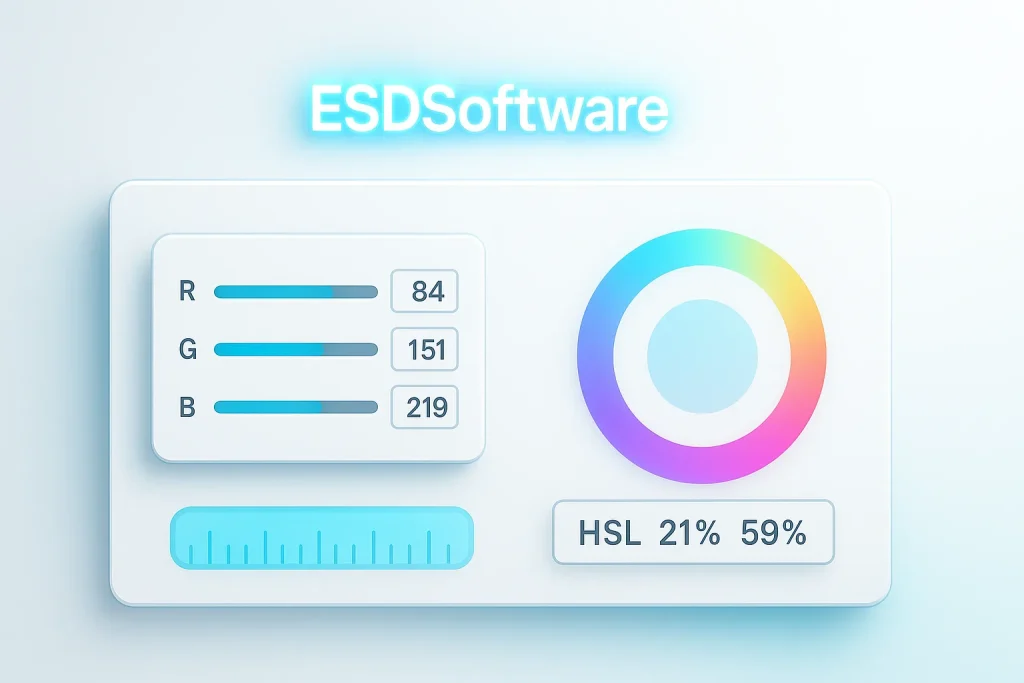 ESDSoftware RGB to HSL Converter interface showing RGB sliders and HSL output in a clean, browser-based design.