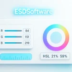 ESDSoftware RGB to HSL Converter interface showing RGB sliders and HSL output in a clean, browser-based design.