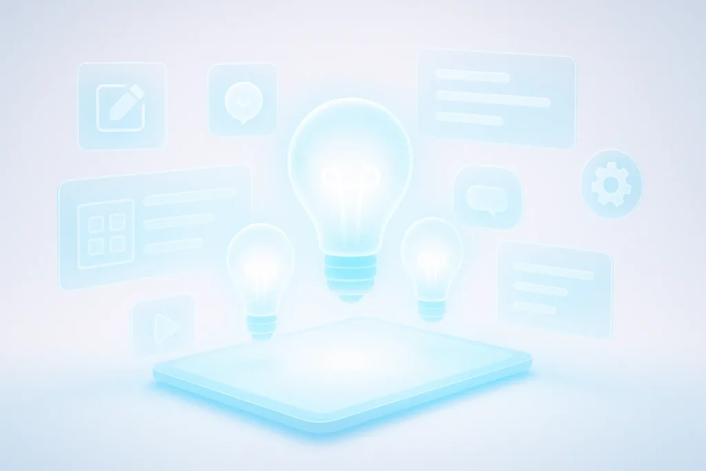 Futuristic brainstorming scene with glowing idea bulbs and holographic screens representing innovation at ESDSoftware.