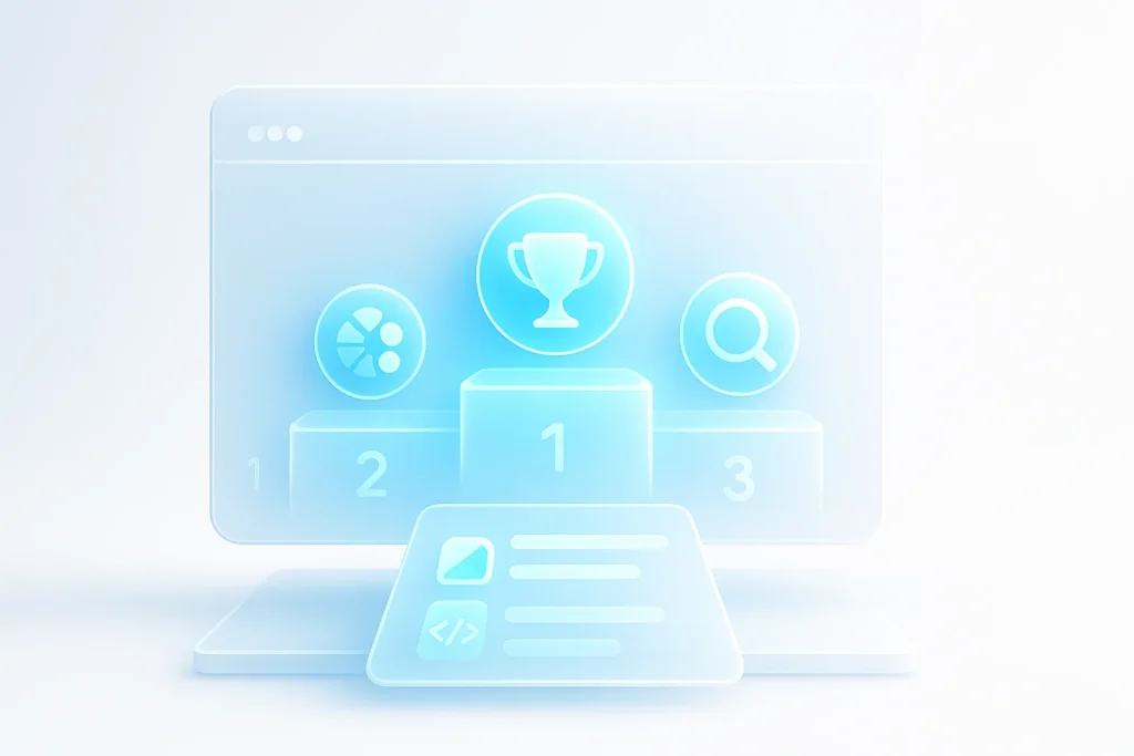 Futuristic leaderboard screen showing ranked glowing tool icons symbolizing ESDSoftware’s most popular and top-used online utilities.