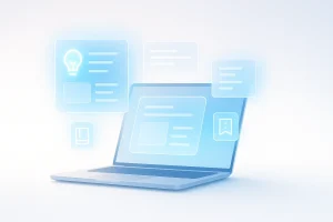 Futuristic digital workspace with floating article cards representing ESDSoftware’s guides, resources, and blog updates.