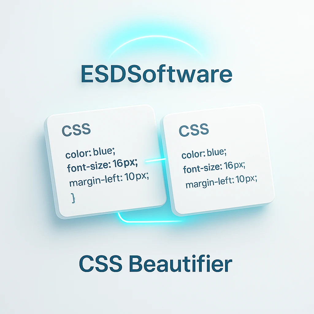 Minimal 3D interface with messy and clean CSS panels connected by a glowing cyan line — represents the CSS Beautifier tool by ESDSoftware.