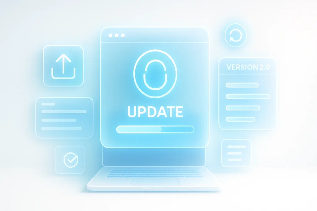 Futuristic digital dashboard showing ESDSoftware updates, version logs, and progress icons symbolizing transparency and innovation.